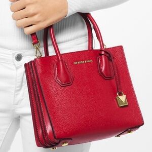 MICHAEL KORS ’MERCER’ PEBBLED LEATHER RED ACCORDIAN TOTE/CROSSBODY NWOT